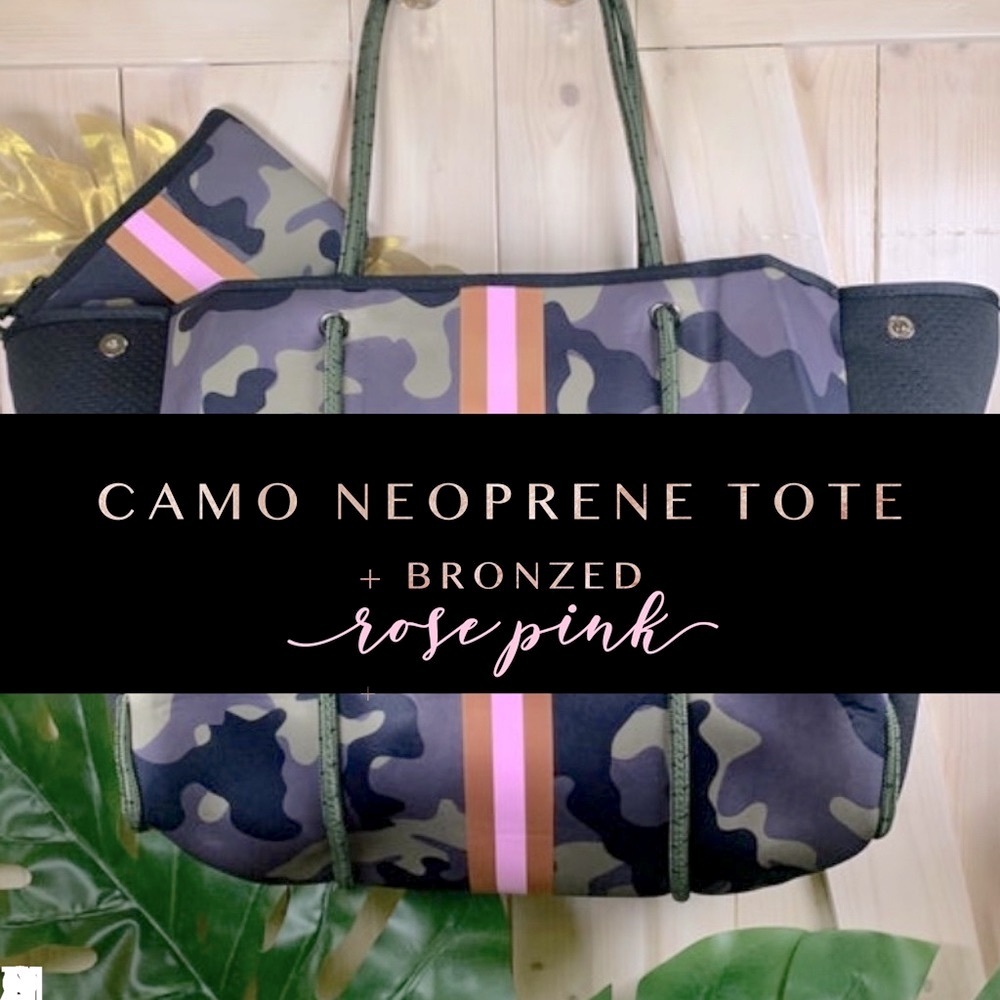 new Neoprene waterproof Tote - Camo + bronzed rose Pink racing stripes baby bag